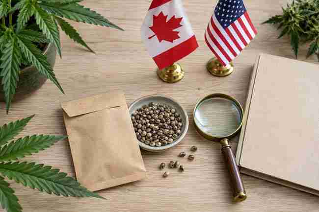 Cannabis seeds and a magnifying glass beside Canadian and United States flags.