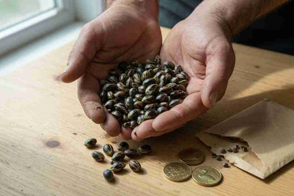 Grower holding a handful of mature cannabis seeds beside Canadian loonies