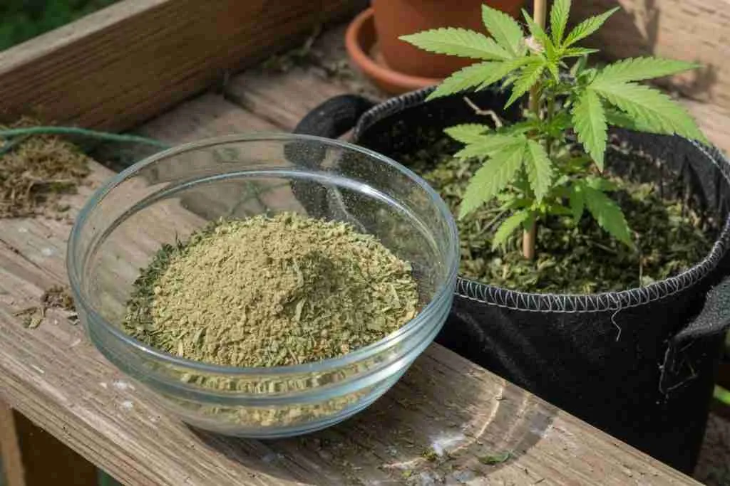 Bowl of alfalfa meal next to a young cannabis plant in a fabric pot