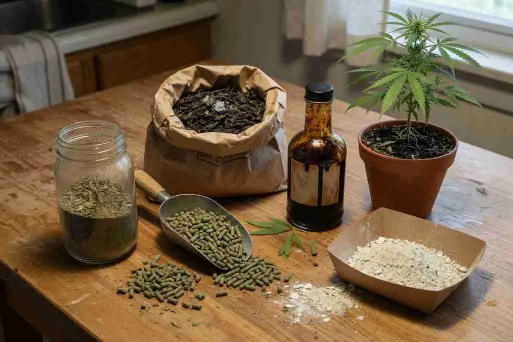 Alfalfa meal, pellets, molasses, kelp, and oyster shell on a table next to a cannabis plant