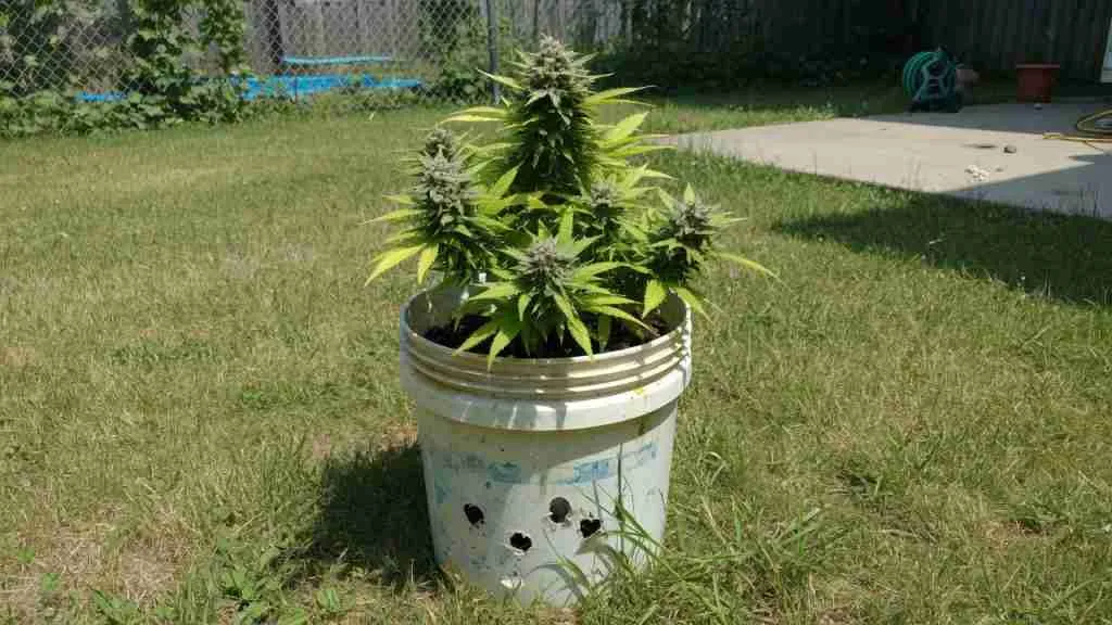 Autoflower cannabis in a recycled bucket outdoors