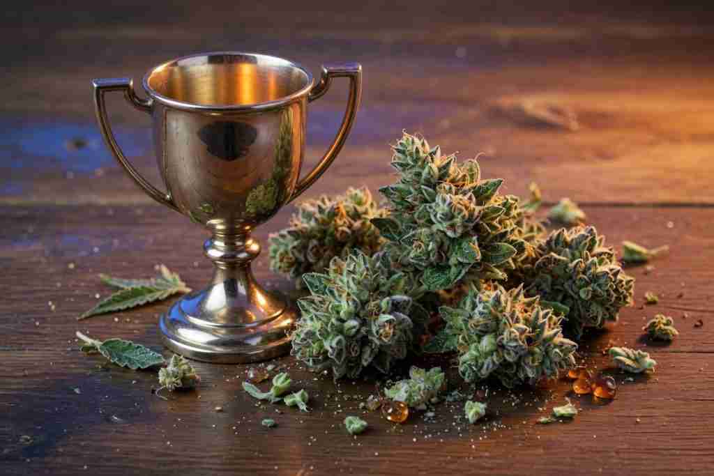 Award cup beside dense cannabis flowers on a wooden table