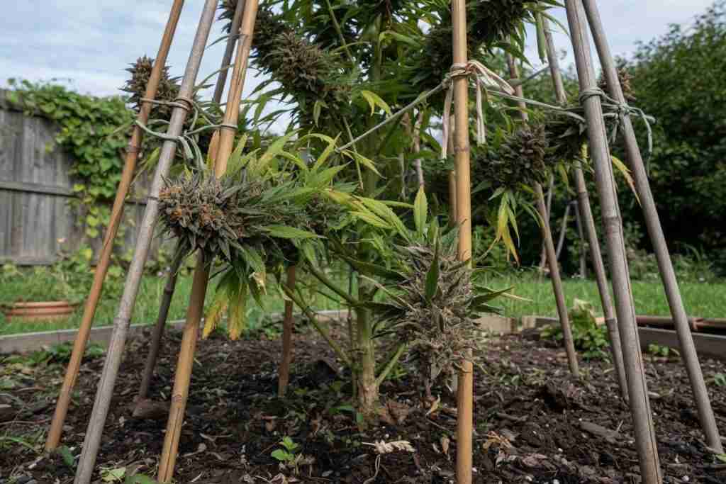 Outdoor cannabis plant supported with bamboo stakes and soft ties