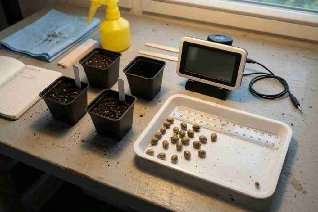Beginner grow bench with small pots, a thermometer, a ruler, and cannabis seeds