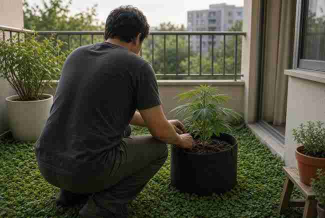 Home grower tending a container plant on a balcony