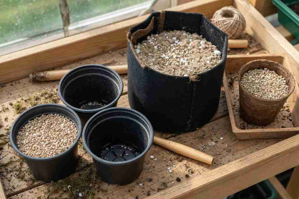 Nursery pots, a fabric pot, and a starter cup of seed mix on a potting bench