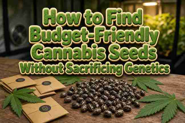 Budget-friendly cannabis seeds on a wooden table under grow lights