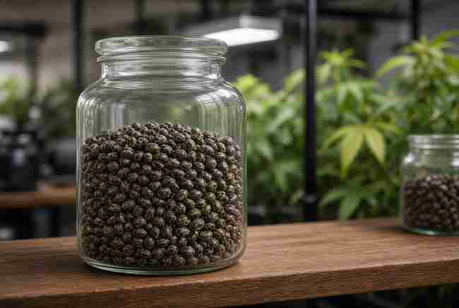 Glass jar filled with stored seeds