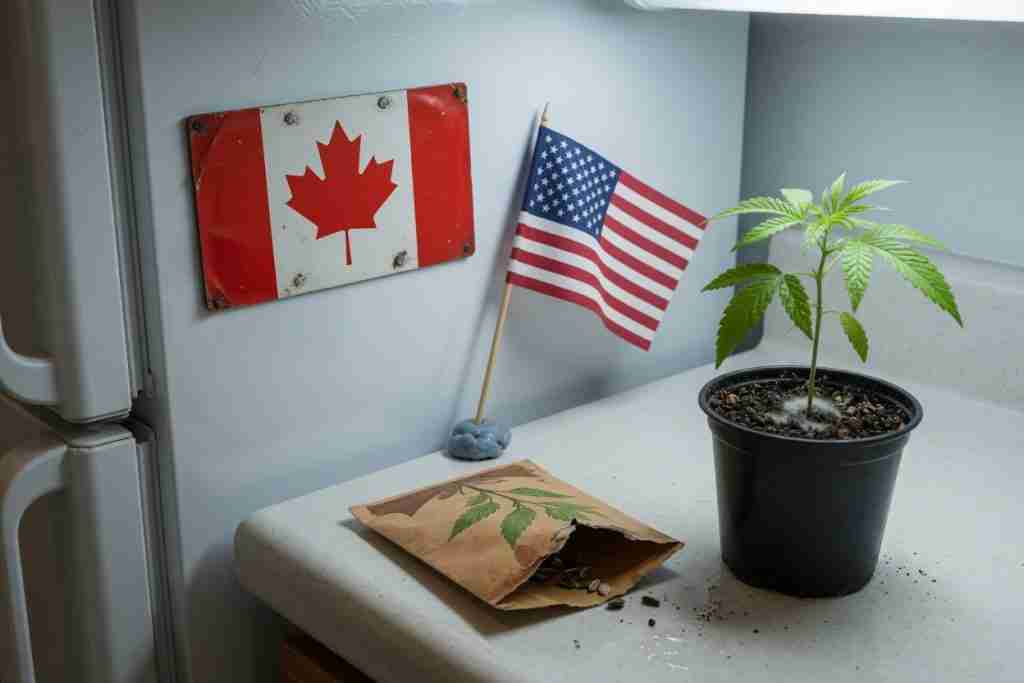 Cannabis seedling on a kitchen counter with Canada and USA flags nearby
