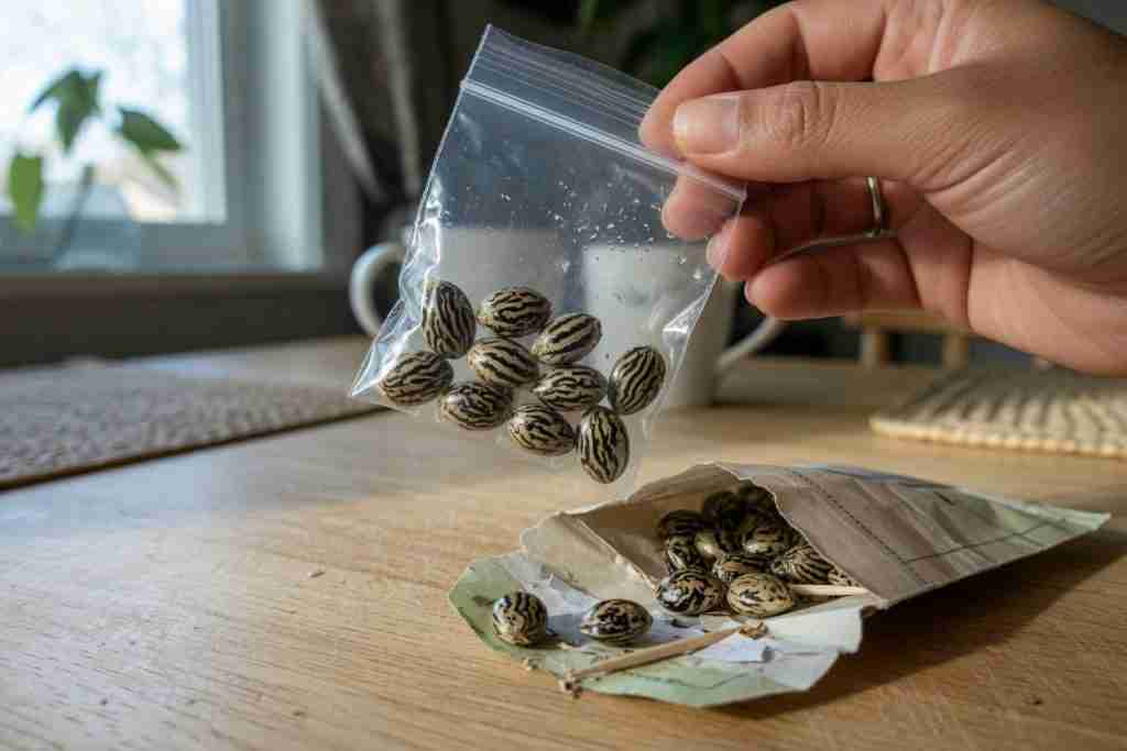 Beginner holding mature tiger-stripe cannabis seeds above a kitchen table