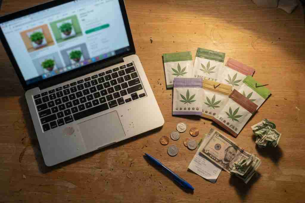Laptop and a modest order of cannabis seed packs on a wooden desk