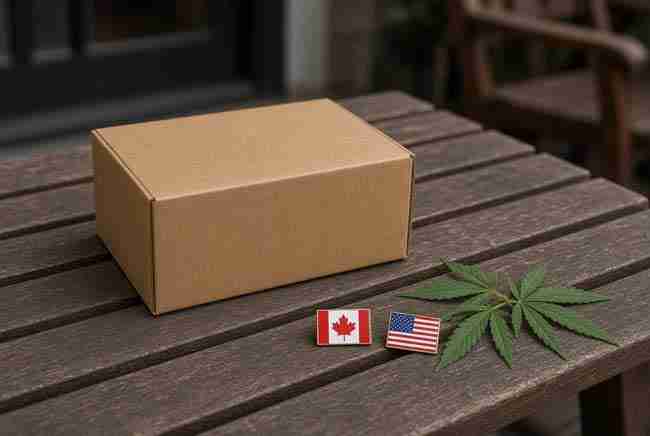Plain shipping box with Canada and USA pins