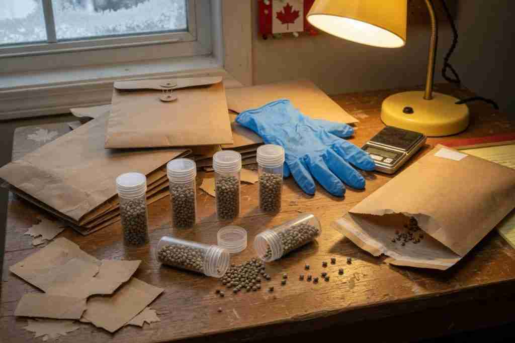 Cannabis seed bank packing table with vials, kraft envelopes, and a discreet mailer