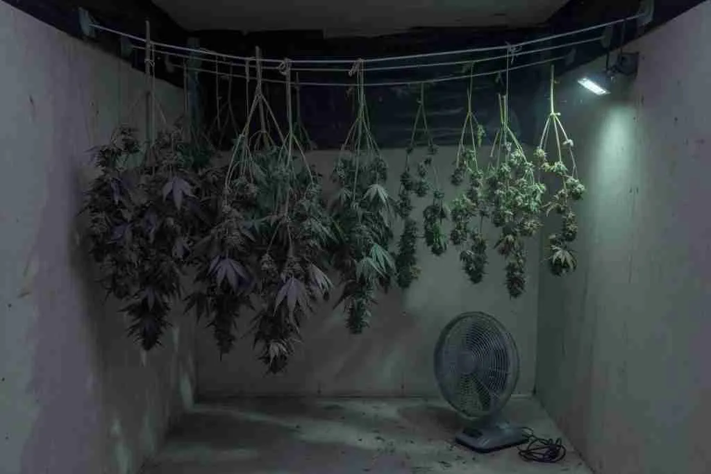 Cannabis branches hanging in a dark drying closet with a small fan on the floor