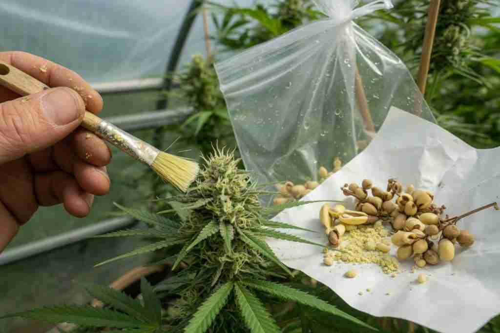 Paintbrush transferring cannabis pollen onto a female flower