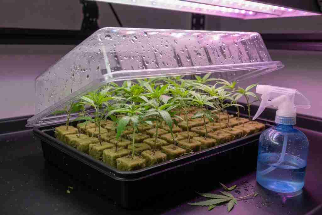 Cannabis cuttings rooting in a humidity dome clone tray