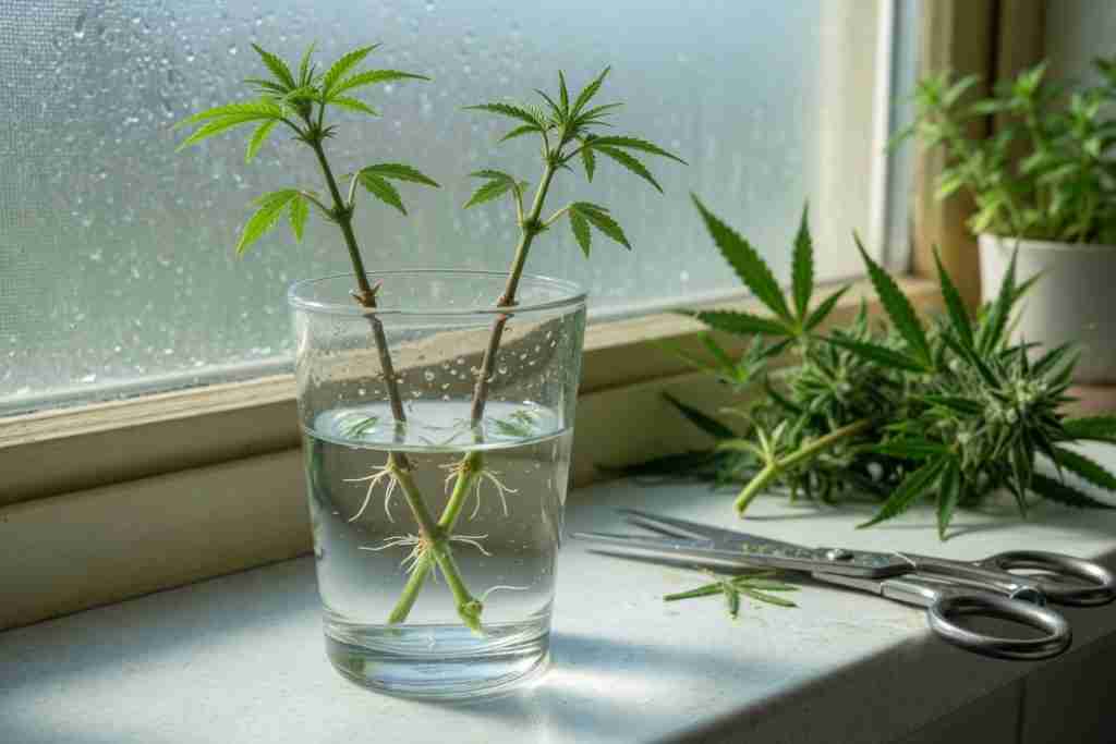 Cannabis cuttings rooting in a glass of water on a windowsill