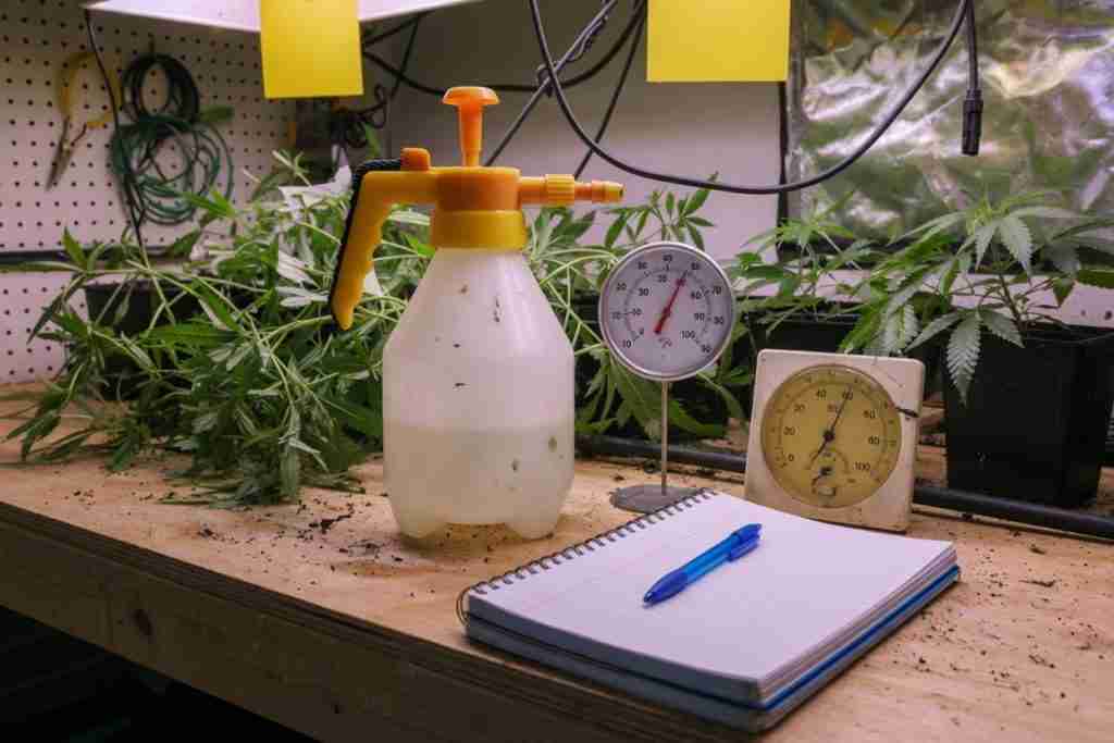 Pump sprayer, thermometer, and hygrometer on a cannabis grow bench