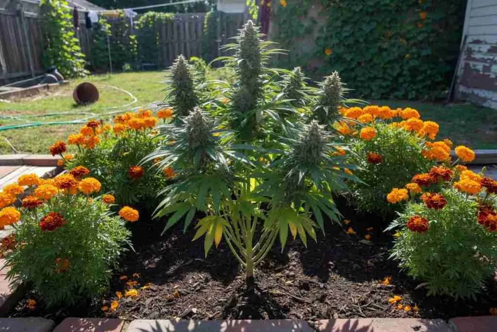 Flowering cannabis plant with a French marigold border in a backyard bed
