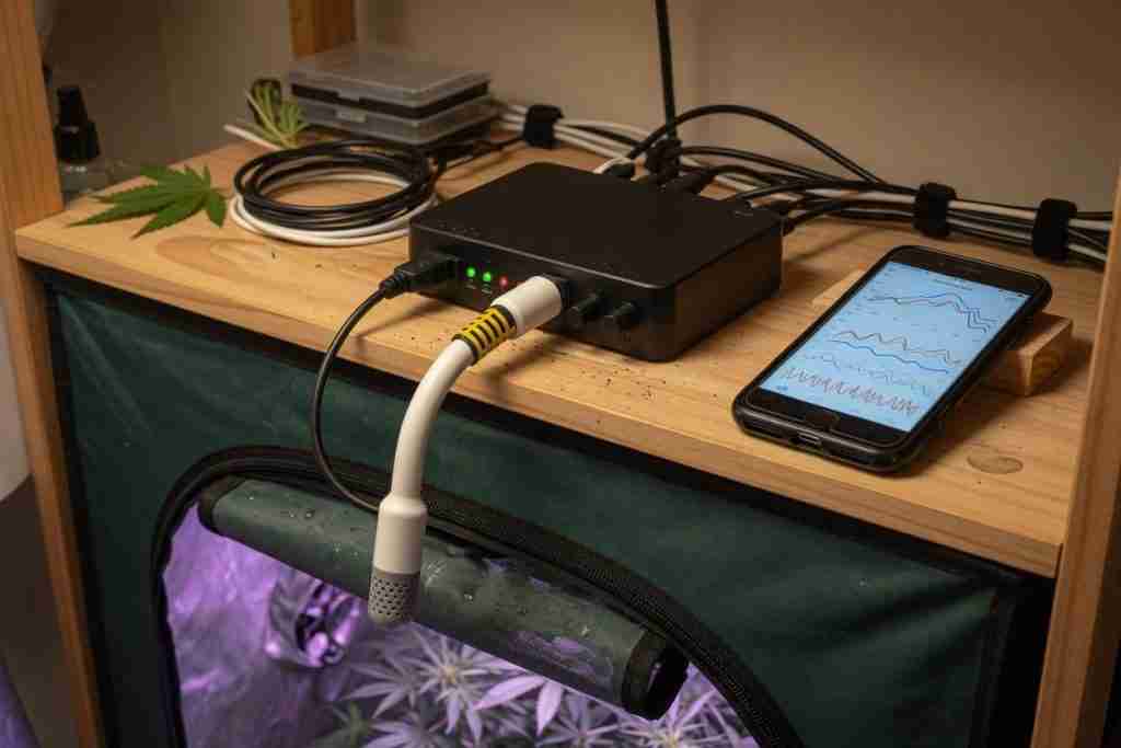 Grow tent climate controller with hanging sensor probe and phone climate graphs