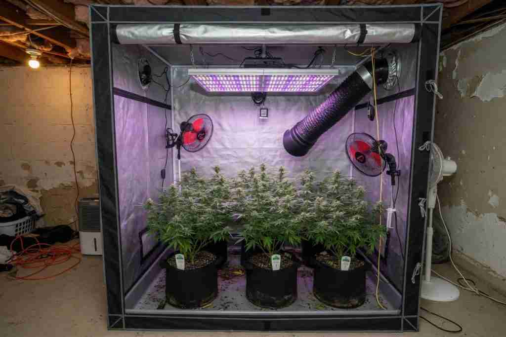 Open 4x4 cannabis grow tent with LED light, exhaust duct, clip fans, and plants in fabric pots