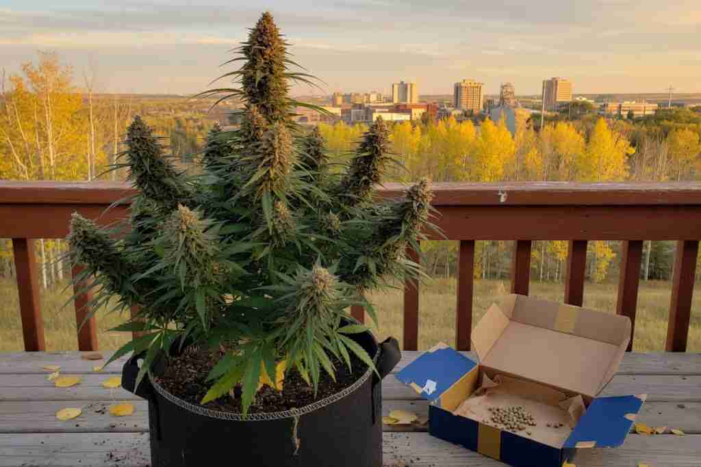 Potted flowering cannabis plant and blue-and-gold seed box on an Alberta deck overlooking aspens and a prairie city
