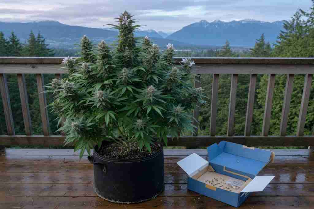 Potted flowering cannabis plant and blue shipping box on a wet British Columbia deck overlooking mountains and evergreens