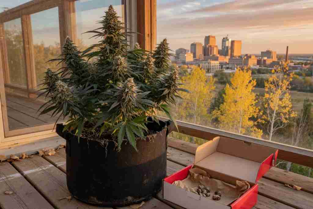 Potted flowering cannabis plant and red-and-white seed box on a Winnipeg sunroom deck overlooking the prairie city skyline