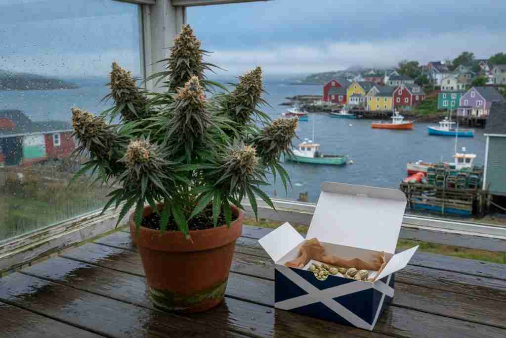 Potted flowering cannabis plant and Nova Scotia saltire seed box on a wet deck overlooking a Maritime harbour