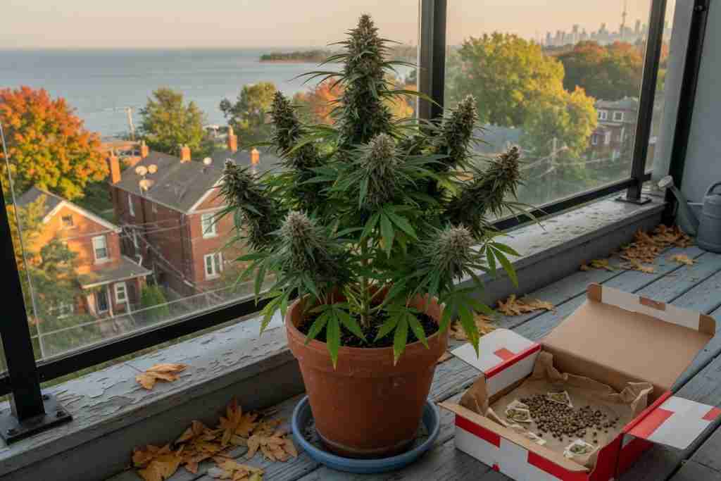 Potted flowering cannabis plant and red-and-white seed box on an Ontario balcony overlooking a lake and brick houses