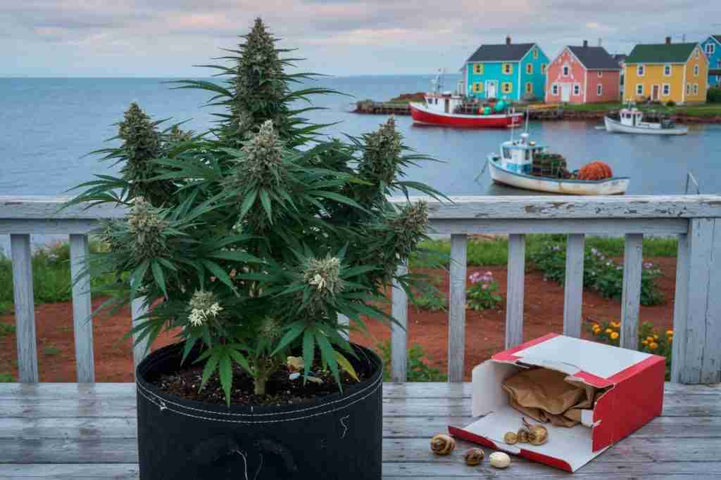 Potted flowering cannabis plant and red-and-white seed box on a PEI deck overlooking colourful houses, red soil, and fishing boats