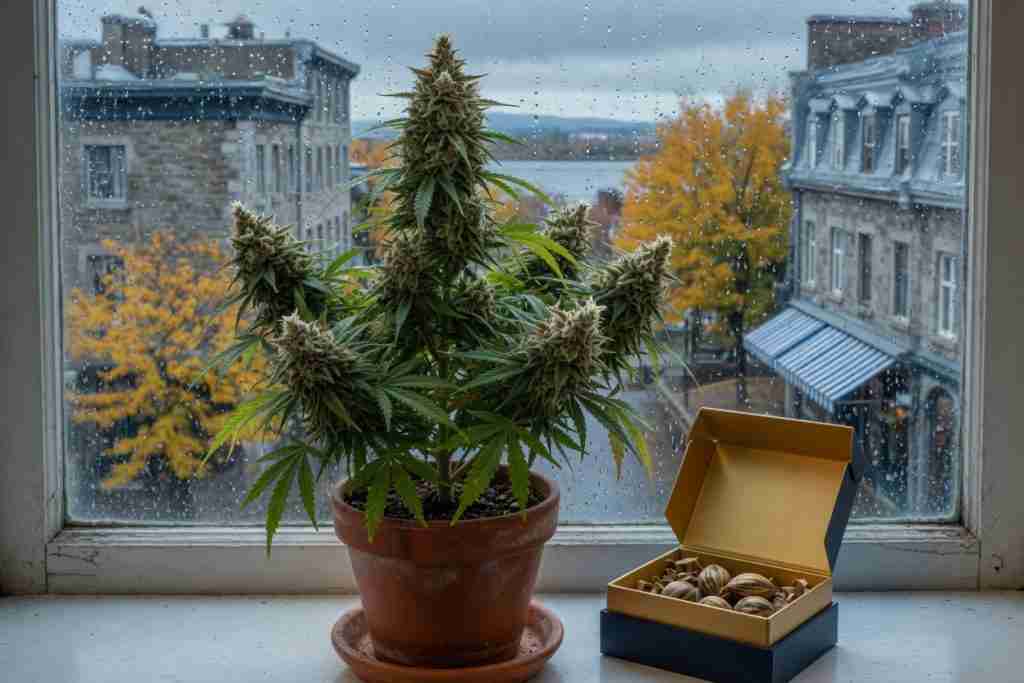 Potted flowering cannabis plant and navy-and-gold seed box on a Quebec windowsill overlooking stone houses and autumn trees