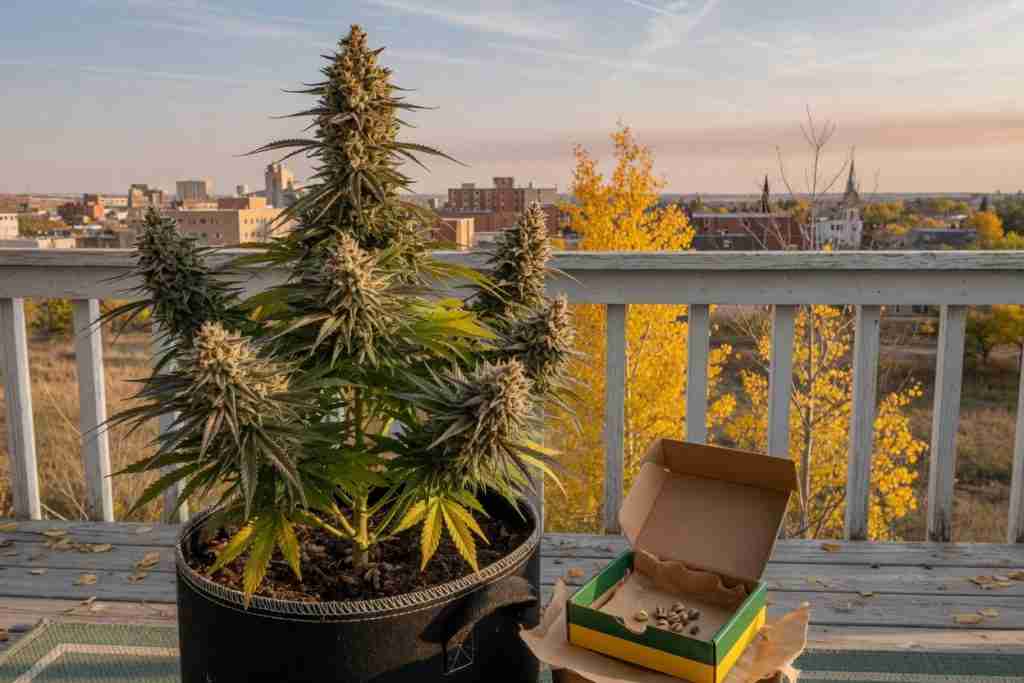 Potted flowering cannabis plant and green-and-gold seed box on a Saskatchewan deck overlooking a prairie city and yellow aspens