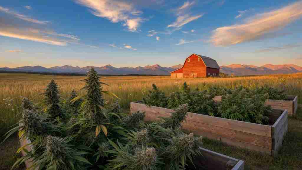 Flowering cannabis plants in Alberta prairie raised beds with a red barn, golden grassland, and Rocky Mountains
