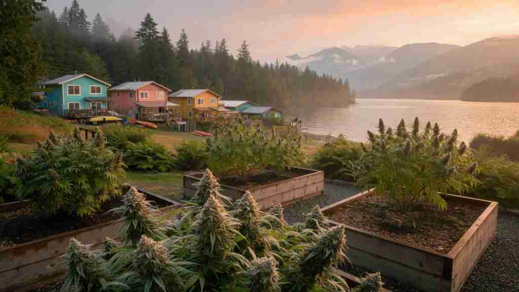 Flowering cannabis plants in British Columbia coastal raised beds with colourful West Coast houses, evergreens, and a Pacific inlet