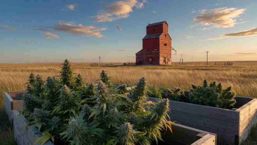 Flowering cannabis plants in Manitoba prairie raised beds with a red grain elevator and golden grassland