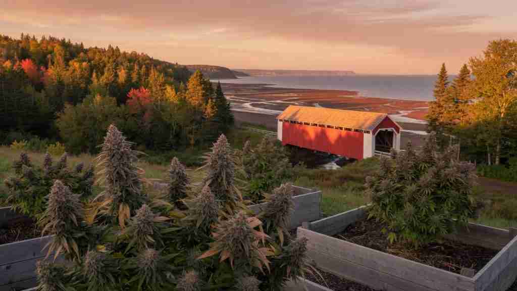 Flowering cannabis plants in New Brunswick raised beds with a red covered bridge, Fundy mudflats, and autumn forest