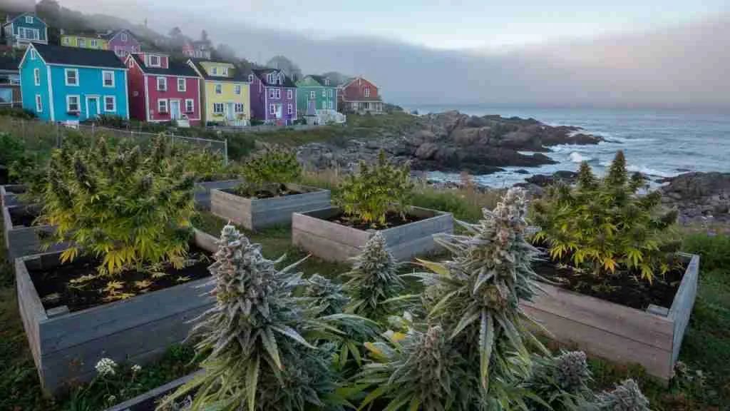 Flowering cannabis plants in Newfoundland raised beds with colourful jellybean houses, rocky Atlantic shore, and fog
