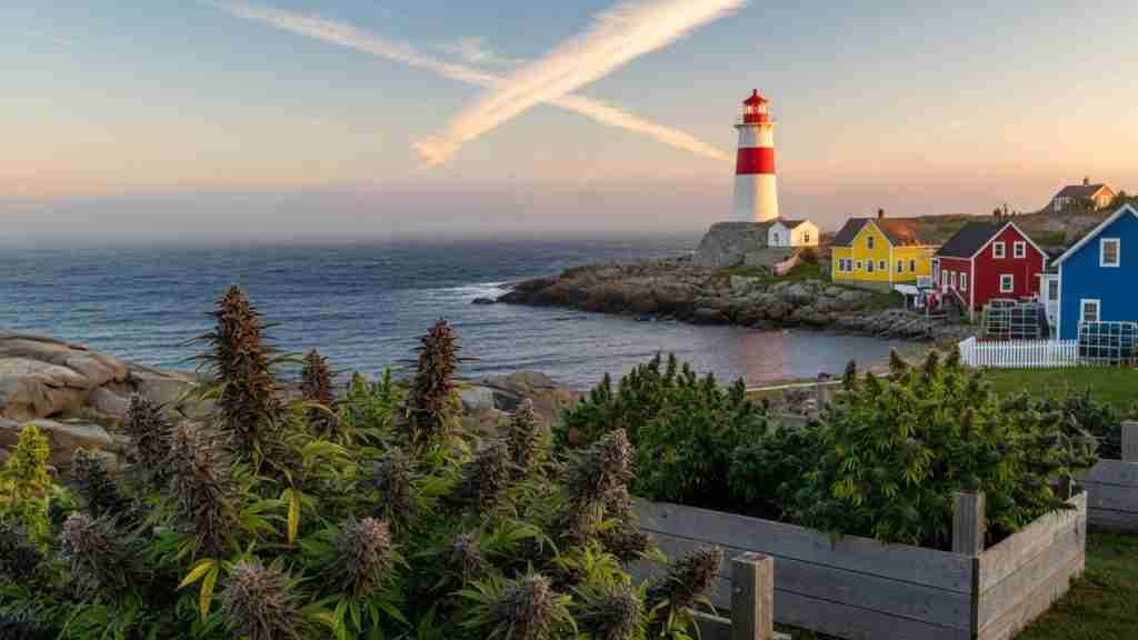 Flowering cannabis plants in a Nova Scotia coastal garden by a lighthouse and colourful Maritime houses