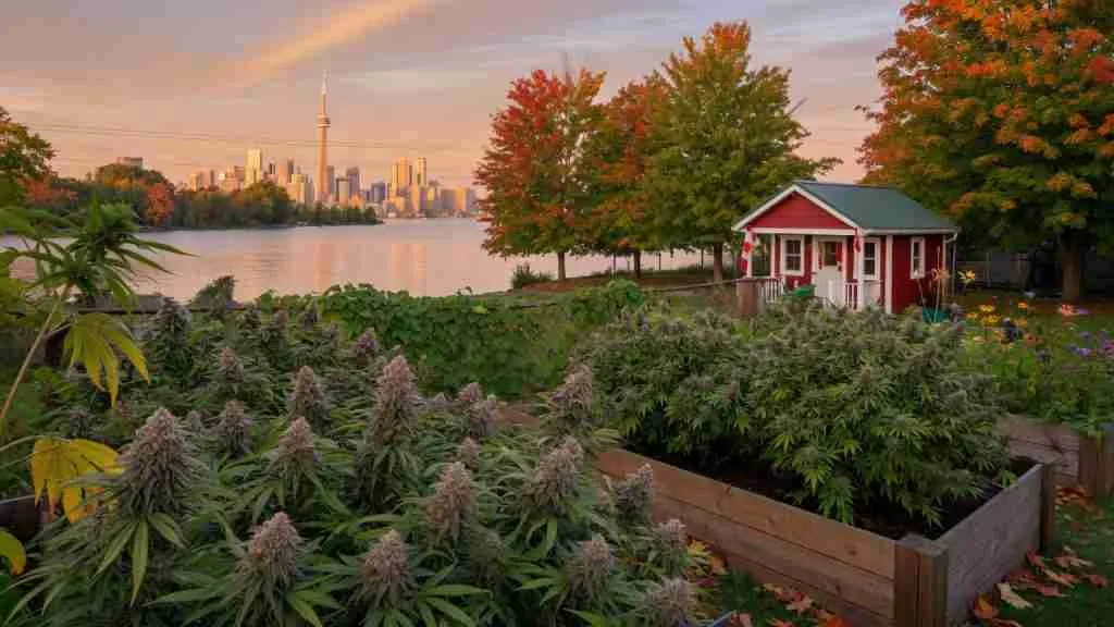 Flowering cannabis plants in an Ontario garden with maple trees and the Toronto skyline across the lake
