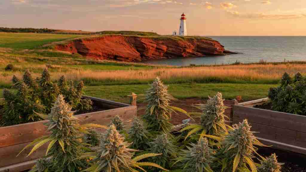 Flowering cannabis plants in Prince Edward Island raised beds with red sandstone cliffs, a lighthouse, and the Gulf of St. Lawrence