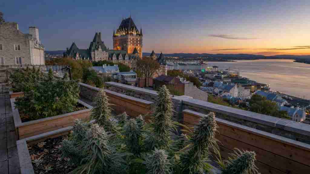 Flowering cannabis plants on a terrace overlooking Old Quebec City, Chateau Frontenac, and the St. Lawrence at gold hour