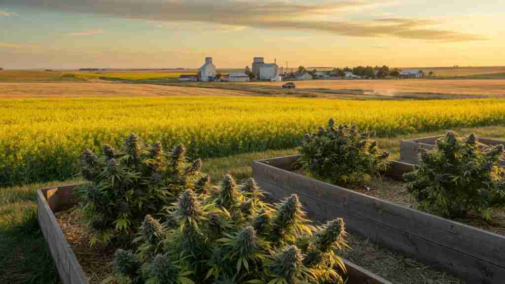Flowering cannabis plants in Saskatchewan prairie raised beds beside a yellow canola field and a grain town at sunset