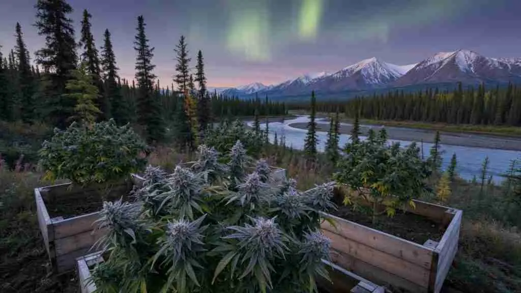 Flowering cannabis plants in Yukon raised beds with boreal forest, a northern river, snow-capped mountains, and aurora