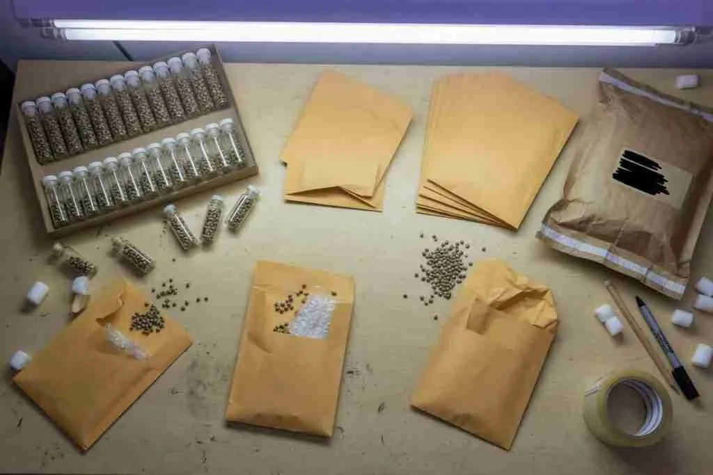 Cannabis seed packing table with vials, kraft envelopes, and a padded mailer