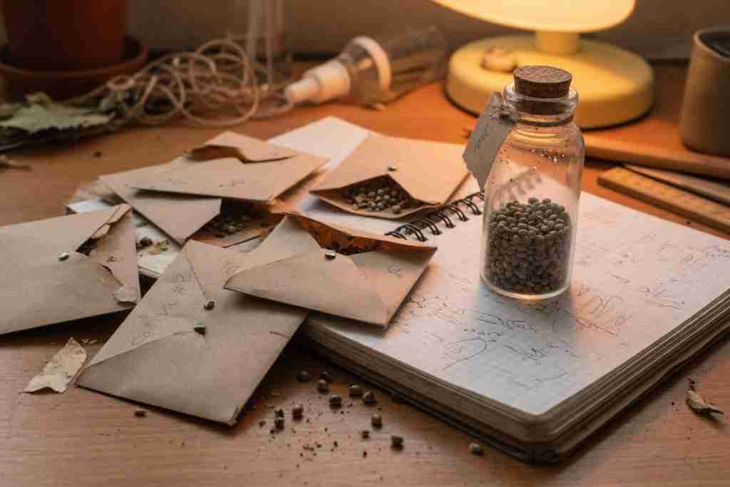 Seed envelopes and a glass vial of cannabis seeds on a grower's desk