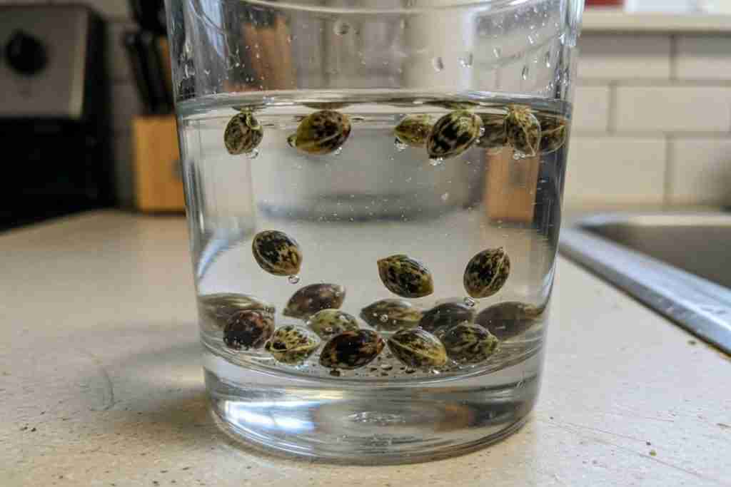 Cannabis seeds in a glass of water with some sunk and some floating