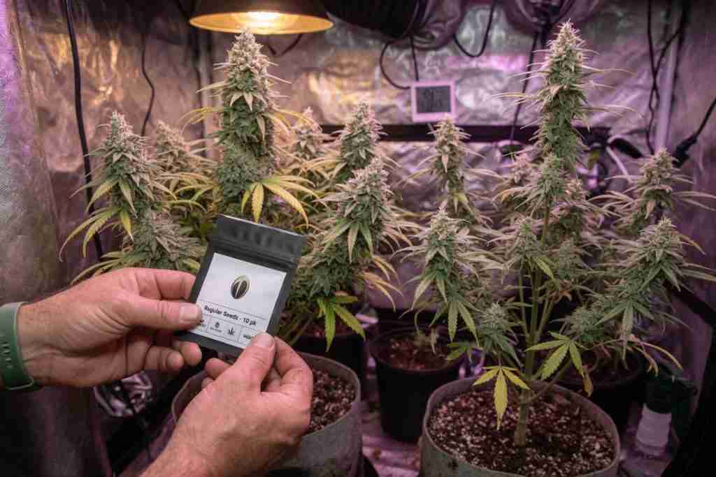 Grower holding a cannabis seed pack in front of flowering plants in a tent