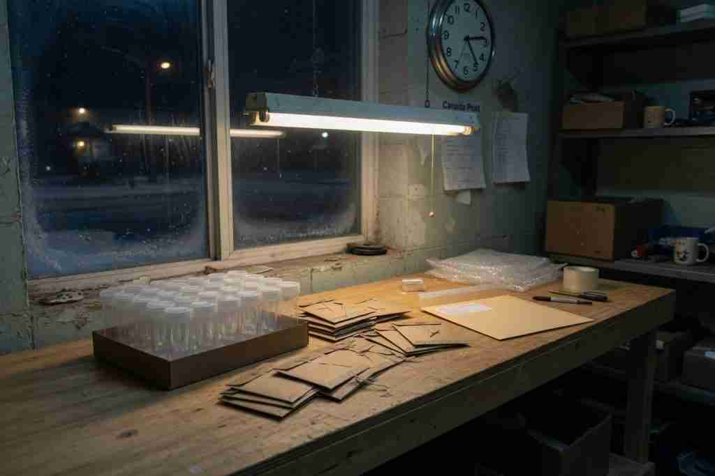 Evening packing bench with cannabis seed vials and mailers waiting after Interac clears