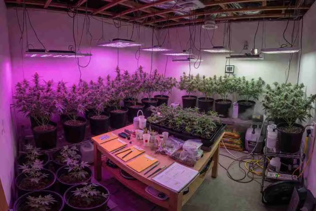 Indoor cannabis breeding room full of potted plants under LED lights